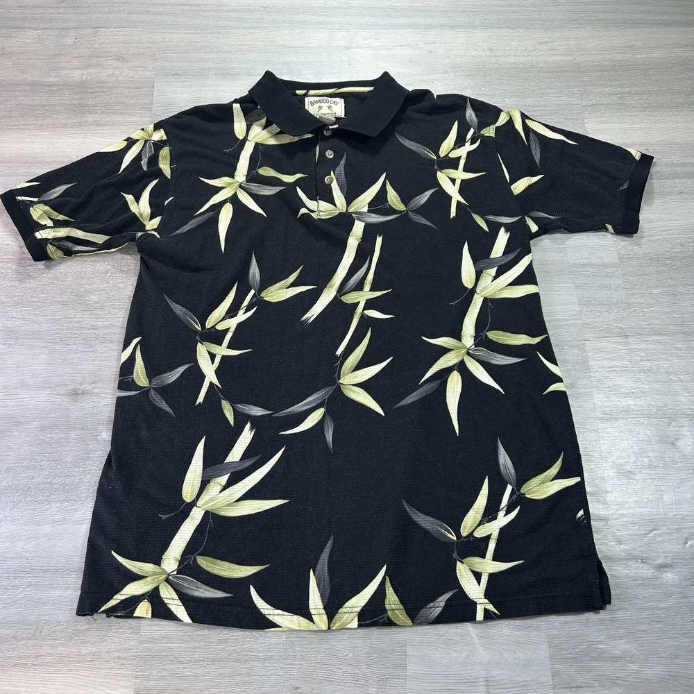Bamboo Cay Polo Shirt Mens Large‎ Black Bamboo Print Tropical Resortwear Casual